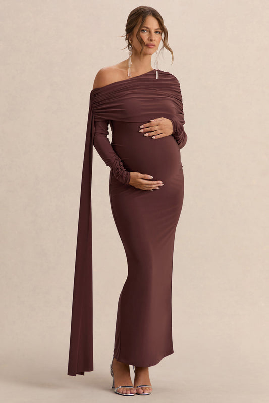 Cyra | Brown Asymmetric-Neck Maternity Maxi Dress With Sash