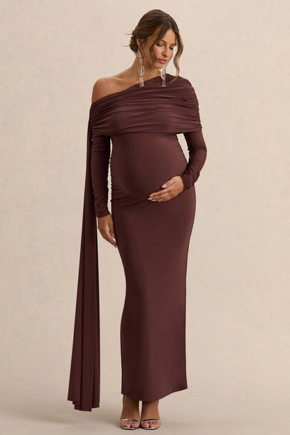 Cyra | Brown Asymmetric-Neck Maternity Maxi Dress With Sash