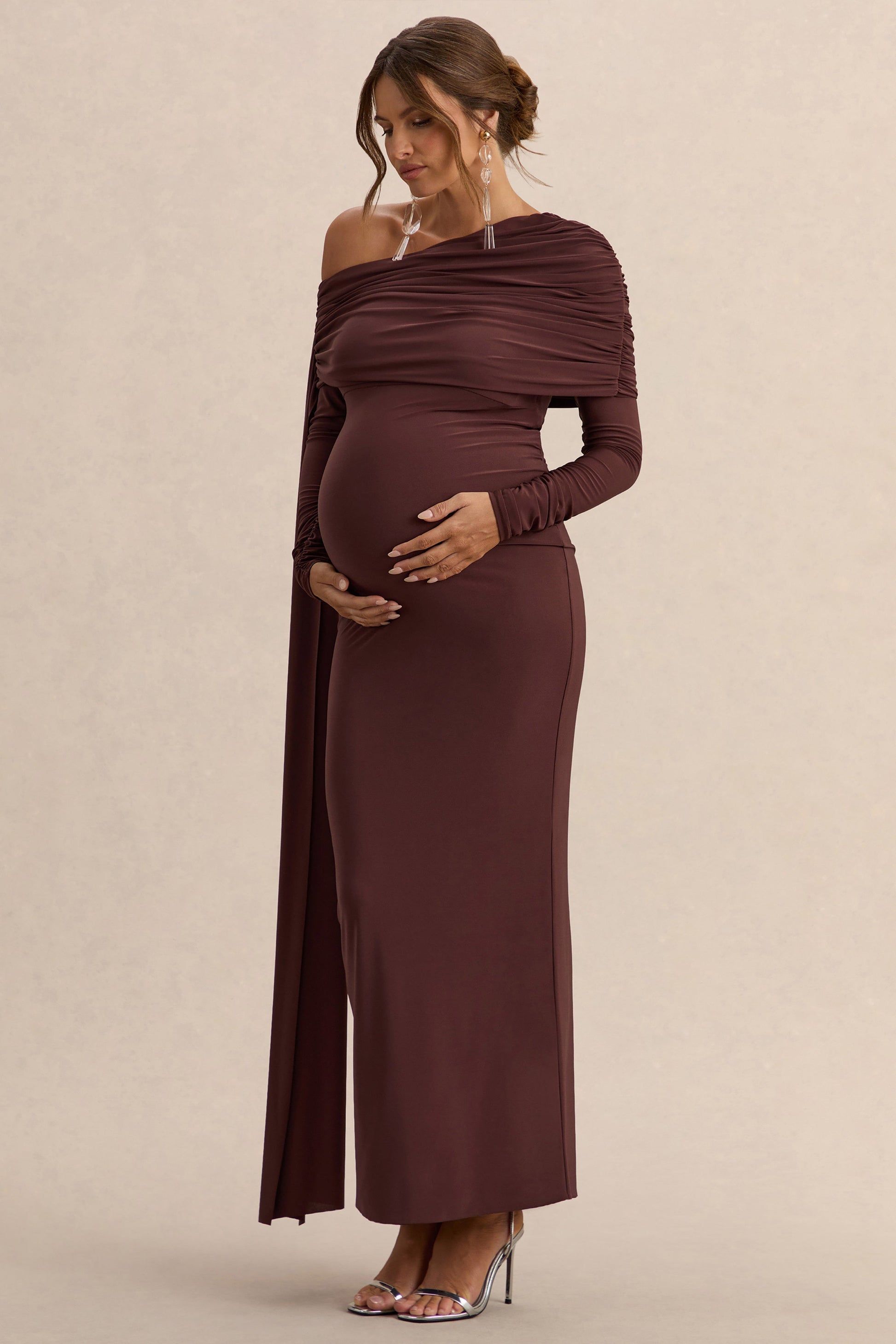 Cyra | Brown Asymmetric-Neck Maternity Maxi Dress With Sash