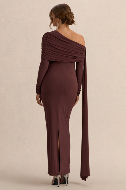 Cyra | Brown Asymmetric-Neck Maternity Maxi Dress With Sash