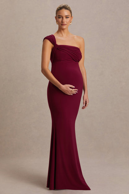 Mila | Burgundy Asymmetric-Neck Maternity Maxi Dress
