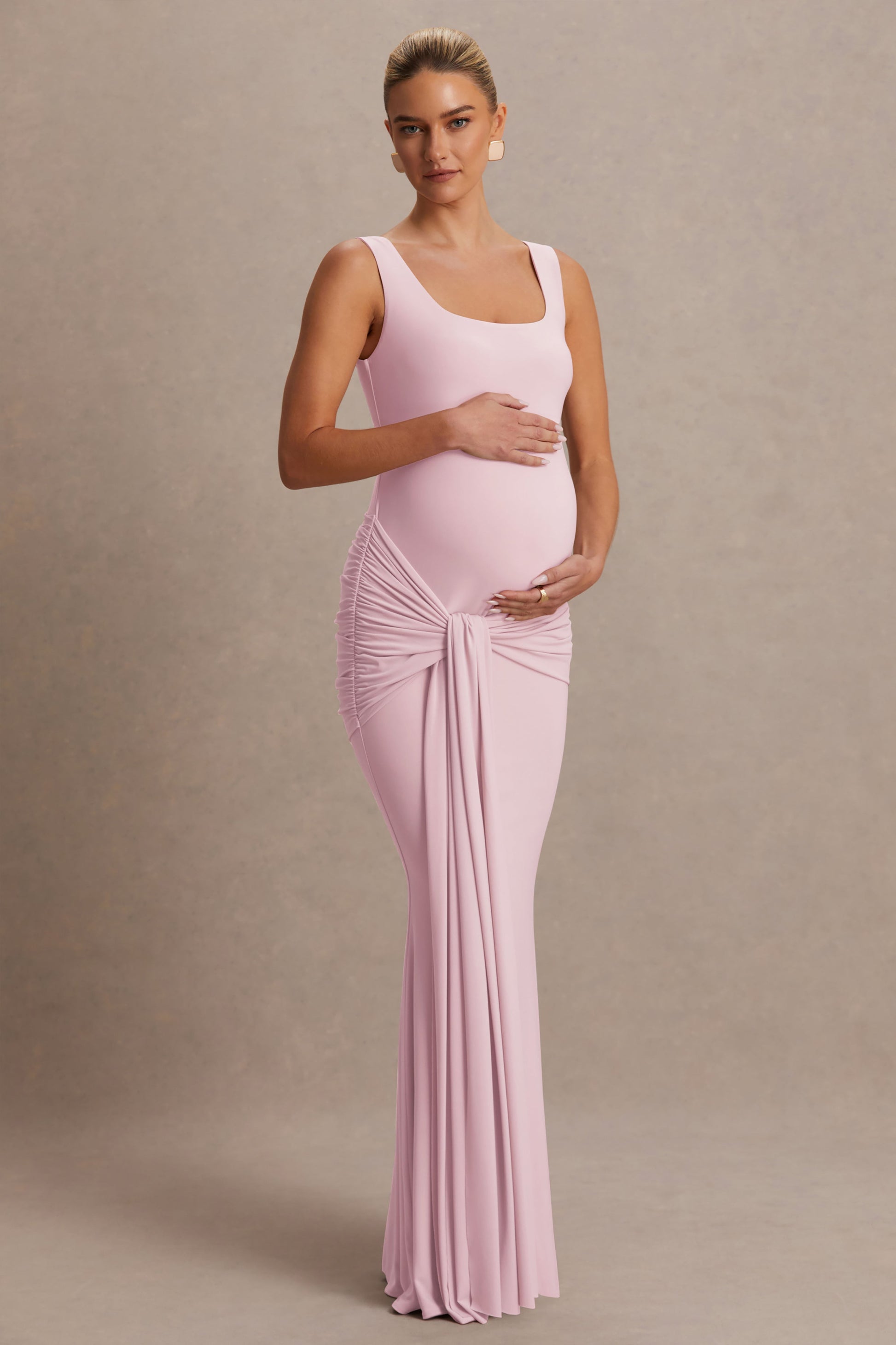 Baylin | Light Pink Square-Neck Maternity Maxi Dress With Ruched Detailing And Sash