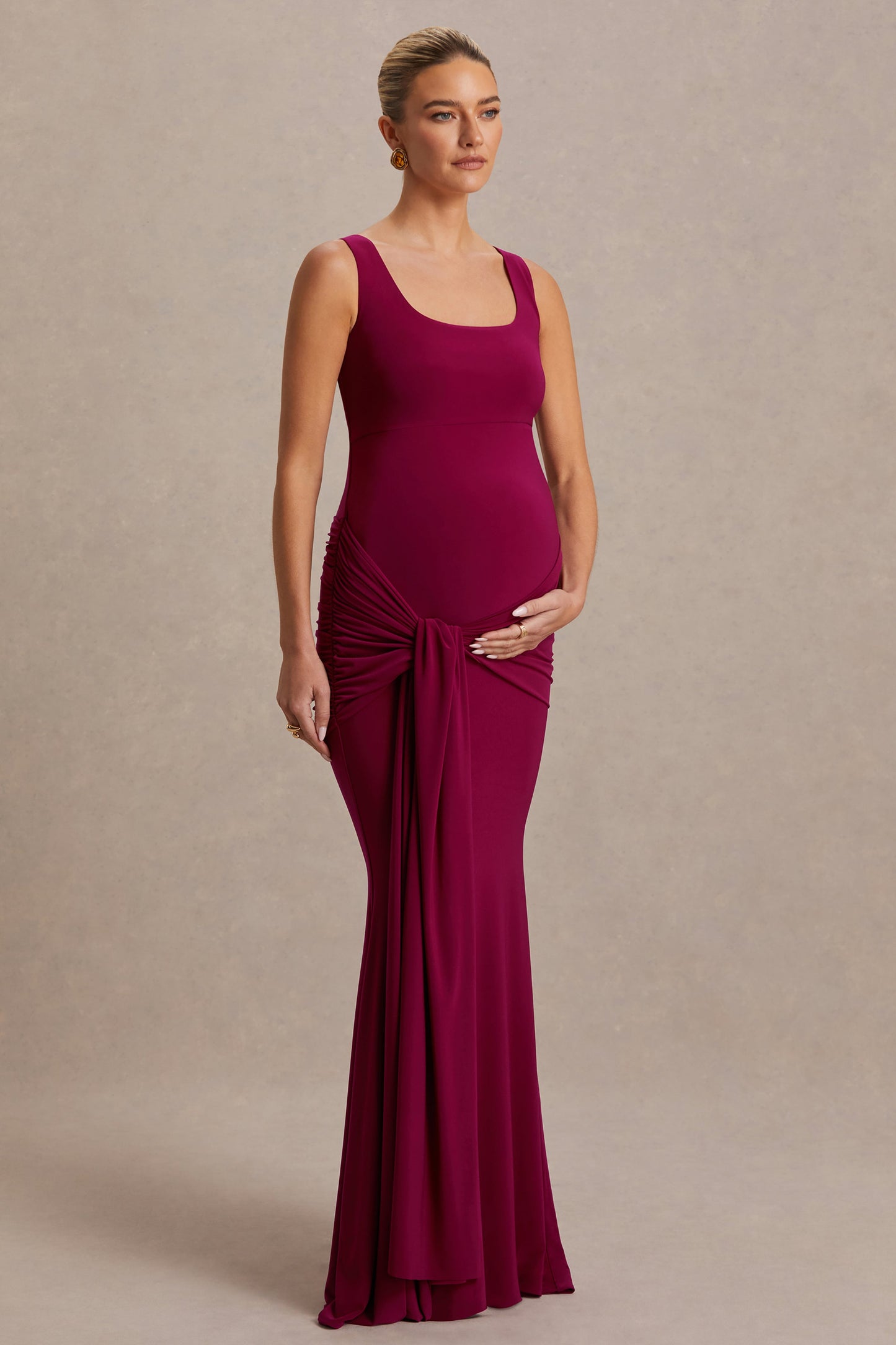 Baylin | Burgundy Square-Neck Maternity Maxi Dress With Ruched Detailing And Sash