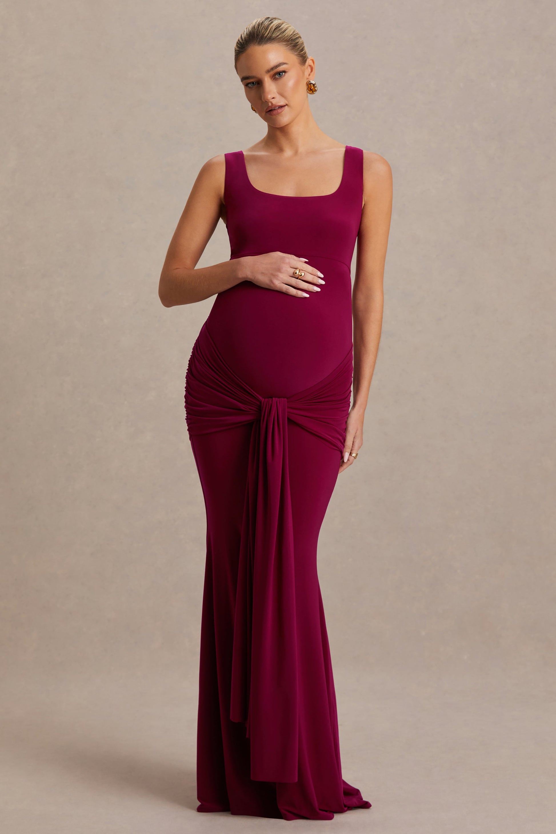 Baylin | Burgundy Square-Neck Maternity Maxi Dress With Ruched Detailing And Sash
