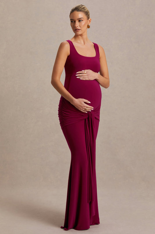 Baylin | Burgundy Square-Neck Maternity Maxi Dress With Ruched Detailing And Sash