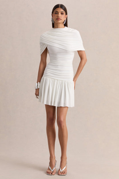 Fenella | White High-Neck Mini Dress With Cape-Sleeves And Ruched Detailing