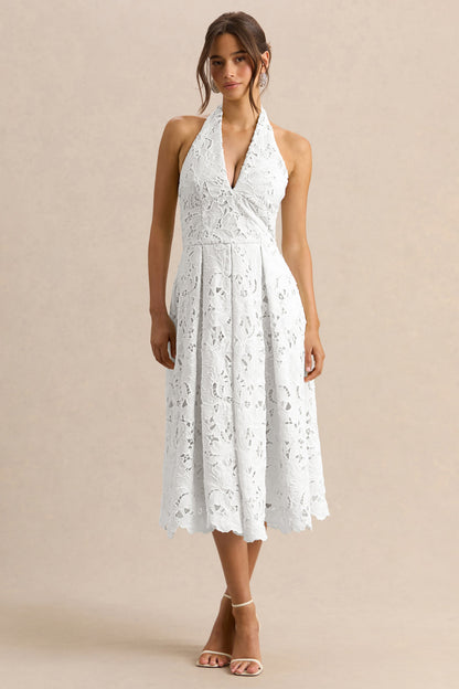 Maribel | White Lace Plunge-Neck Midi Dress