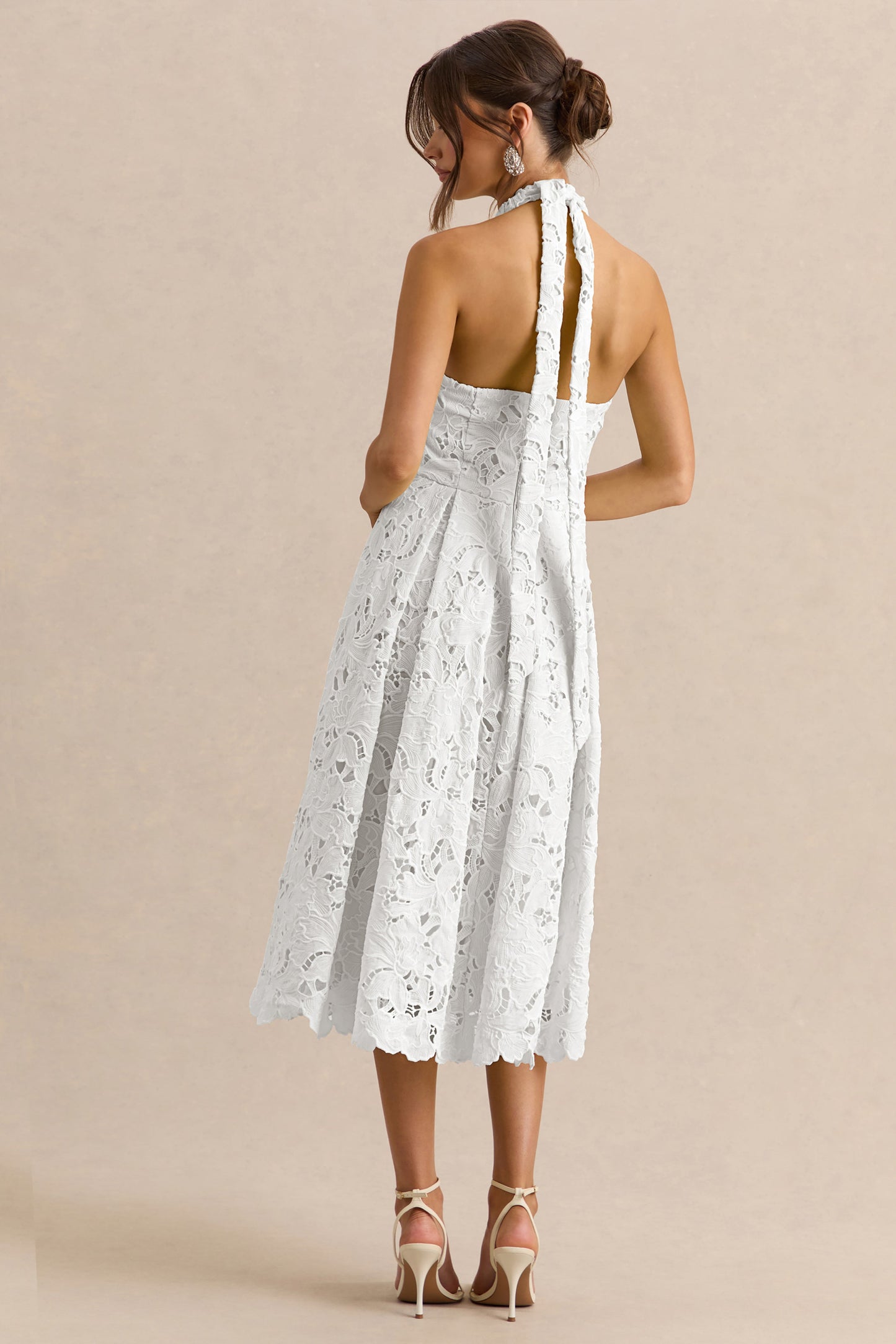 Maribel | White Lace Plunge-Neck Midi Dress