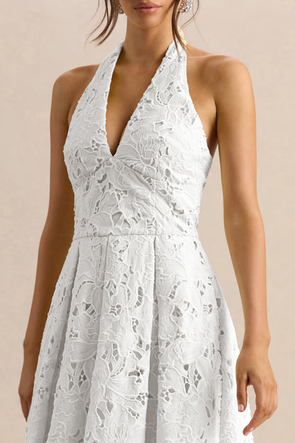 Maribel | White Lace Plunge-Neck Midi Dress