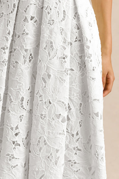 Maribel | White Lace Plunge-Neck Midi Dress