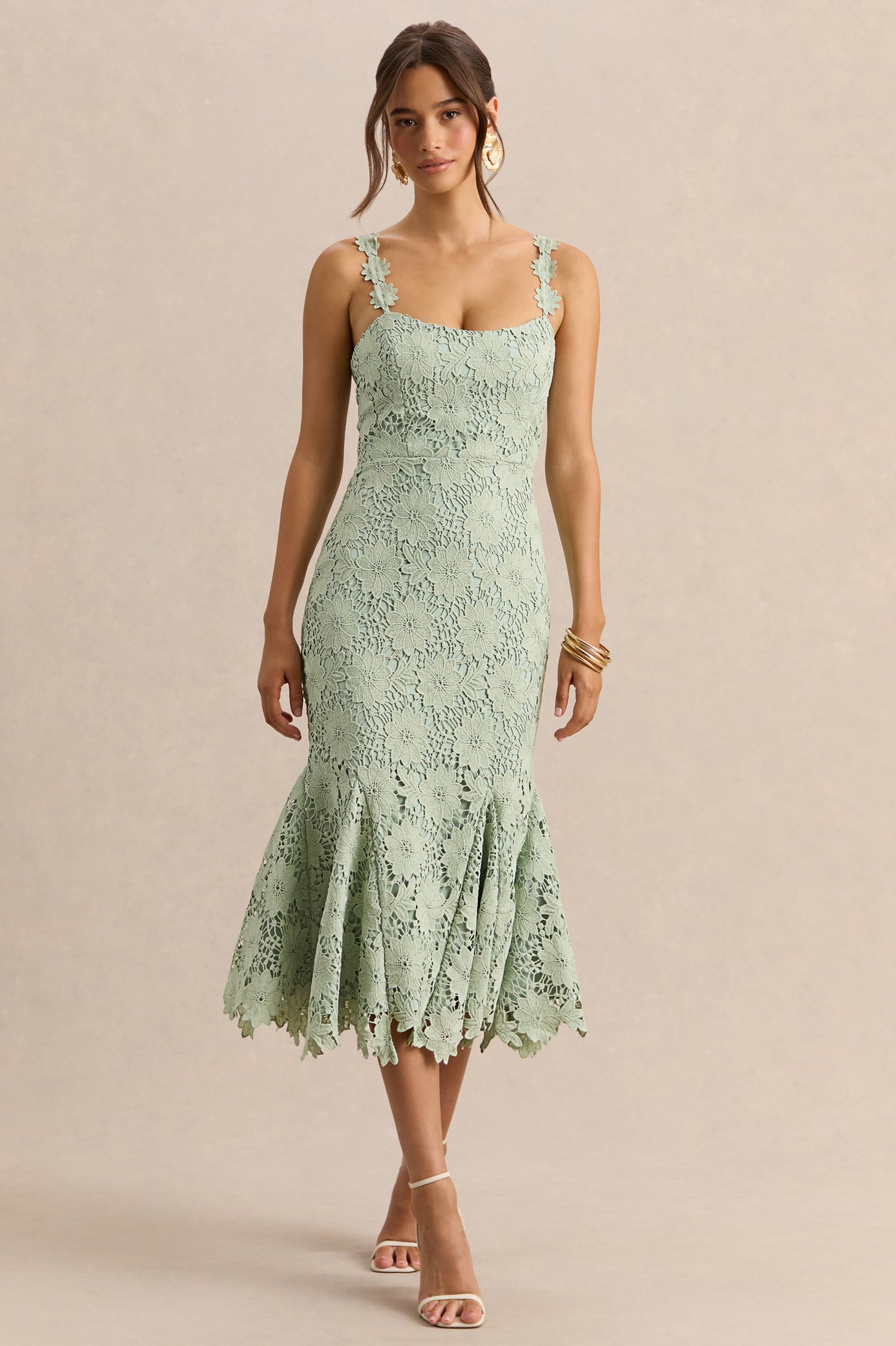 Melia | Sage Lace Scoop-Neck Midi Dress