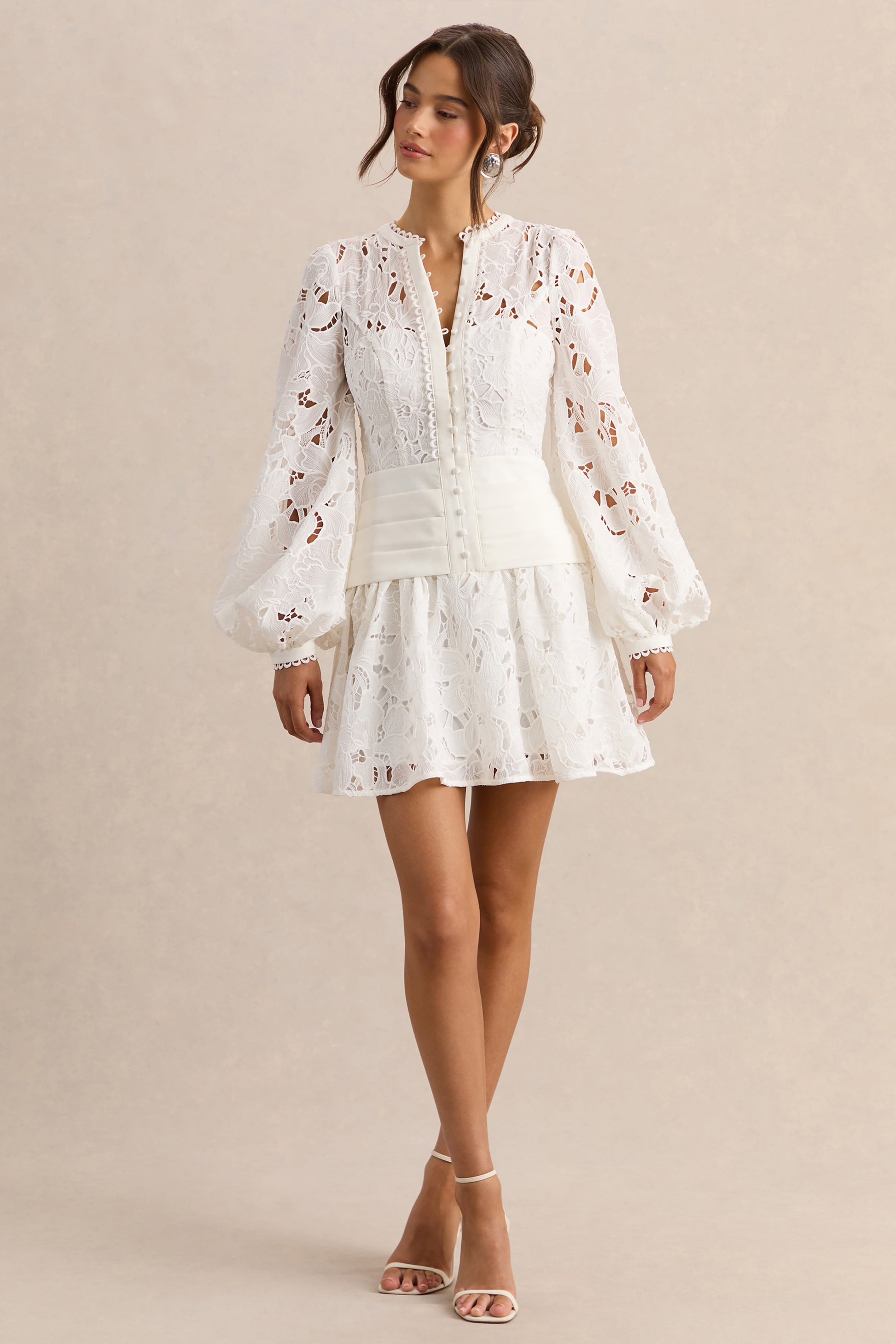 Helena | White Crew-Neck Mini Dress With Puff-Sleeves and Pleated Skirt