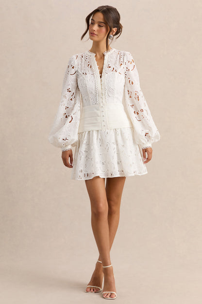 Helena | White Crew-Neck Mini Dress With Puff-Sleeves and Pleated Skirt