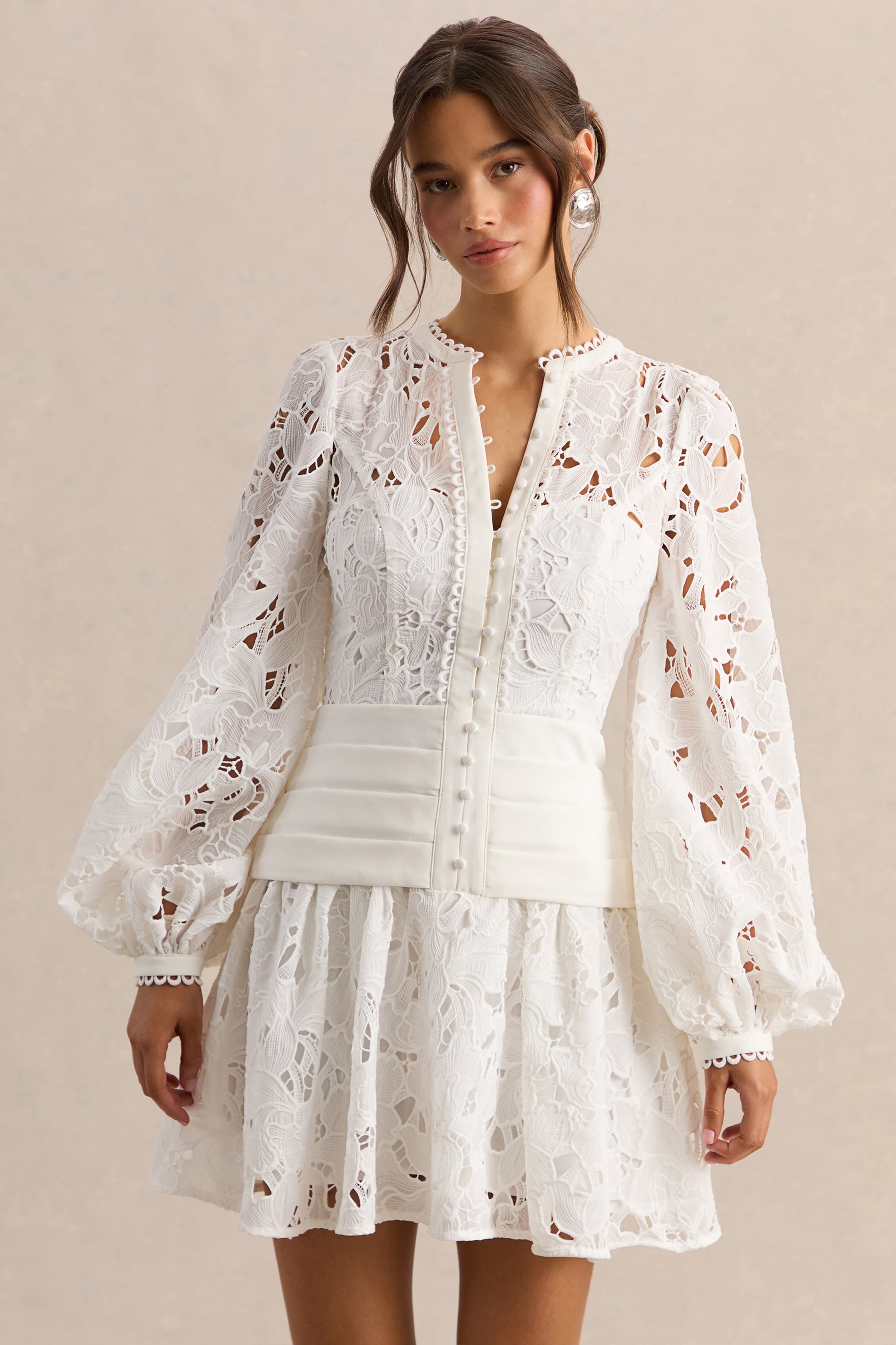 Helena | White Crew-Neck Mini Dress With Puff-Sleeves and Pleated Skirt