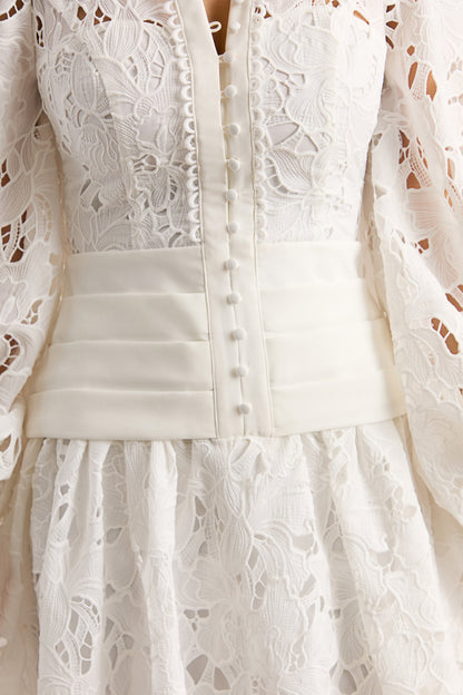 Helena | White Crew-Neck Mini Dress With Puff-Sleeves and Pleated Skirt