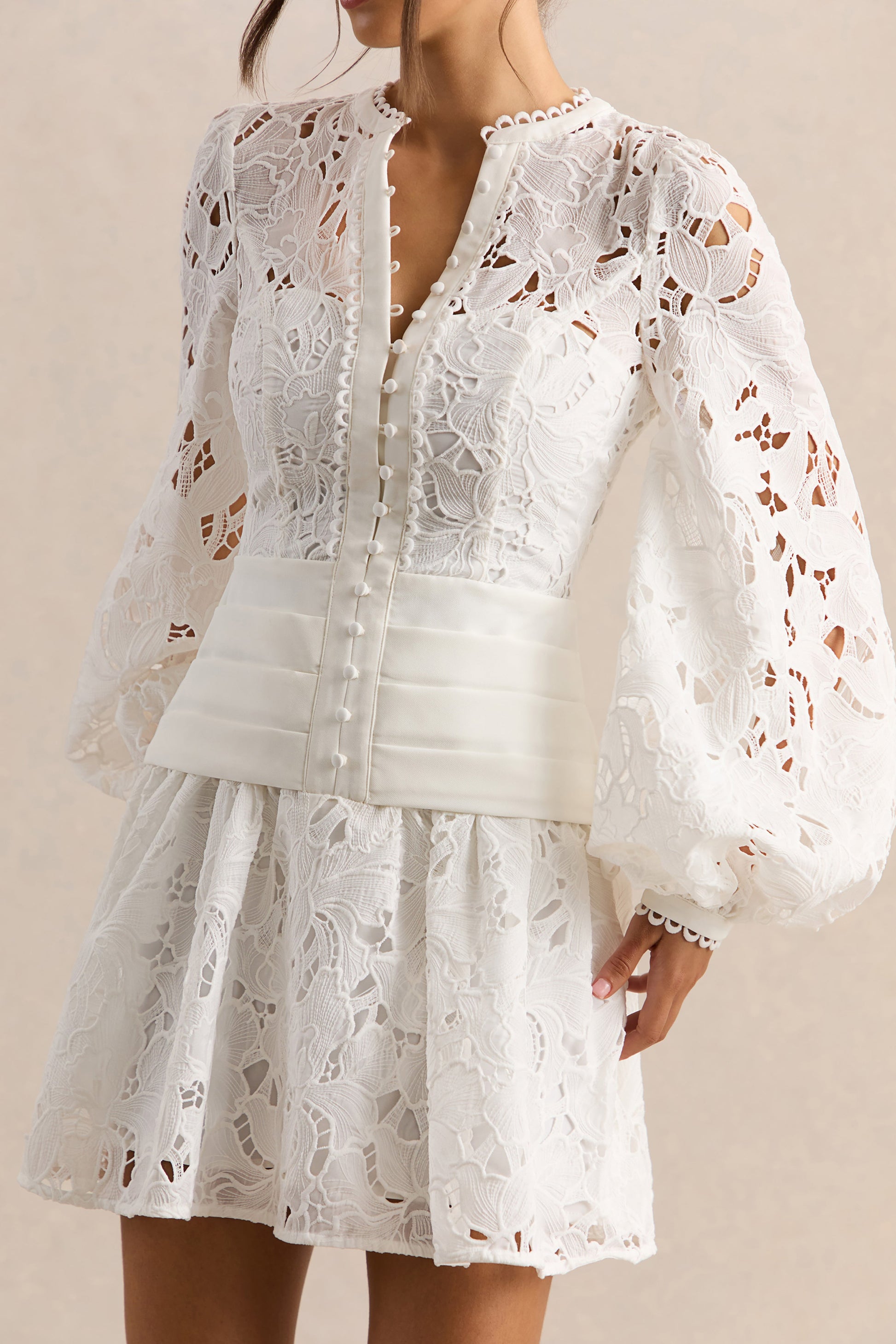 Helena | White Crew-Neck Mini Dress With Puff-Sleeves and Pleated Skirt