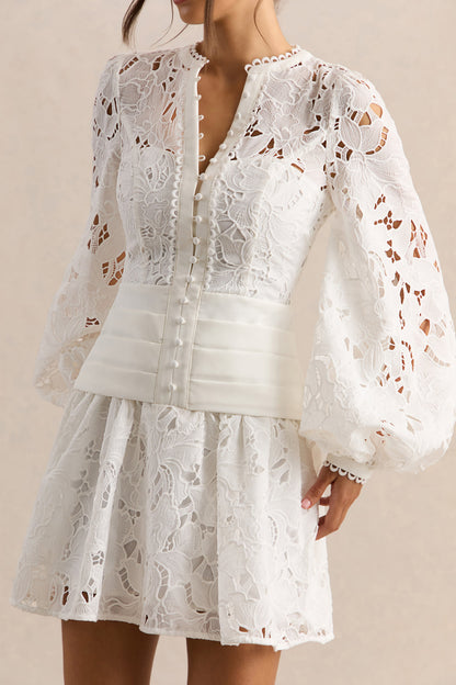 Helena | White Crew-Neck Mini Dress With Puff-Sleeves and Pleated Skirt