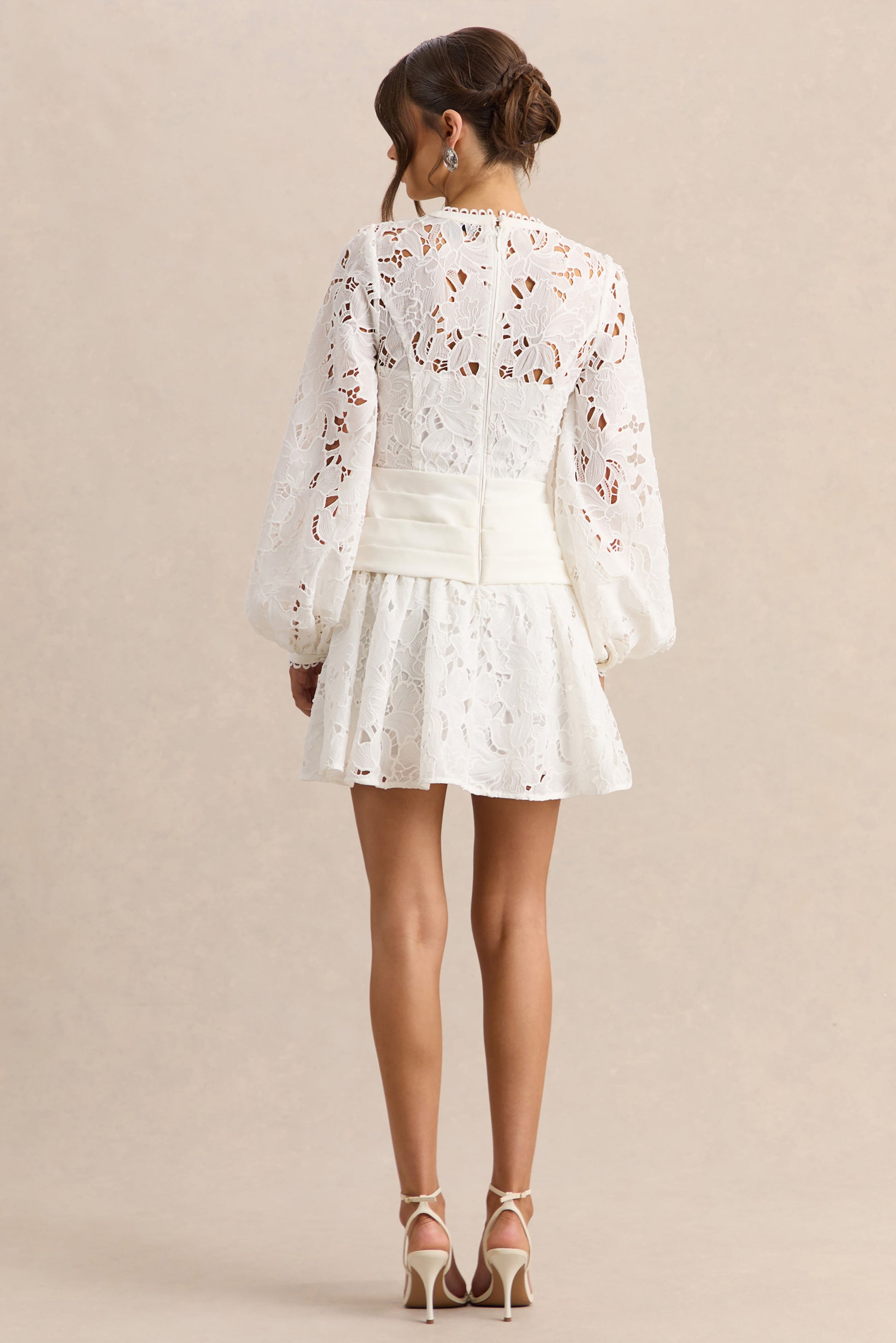 Helena | White Crew-Neck Mini Dress With Puff-Sleeves and Pleated Skirt