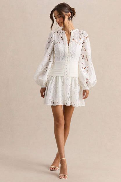 Helena | White Crew-Neck Mini Dress With Puff-Sleeves and Pleated Skirt