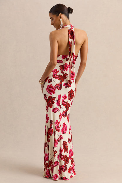 Flossie | Cream And Pink Floral Print Plunge-Neck Maxi Dress