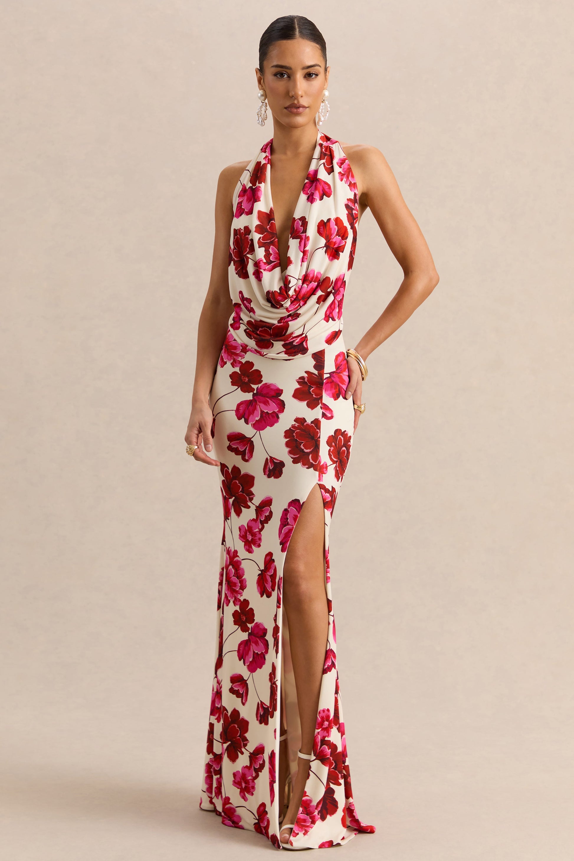 Flossie | Cream And Pink Floral Print Plunge-Neck Maxi Dress