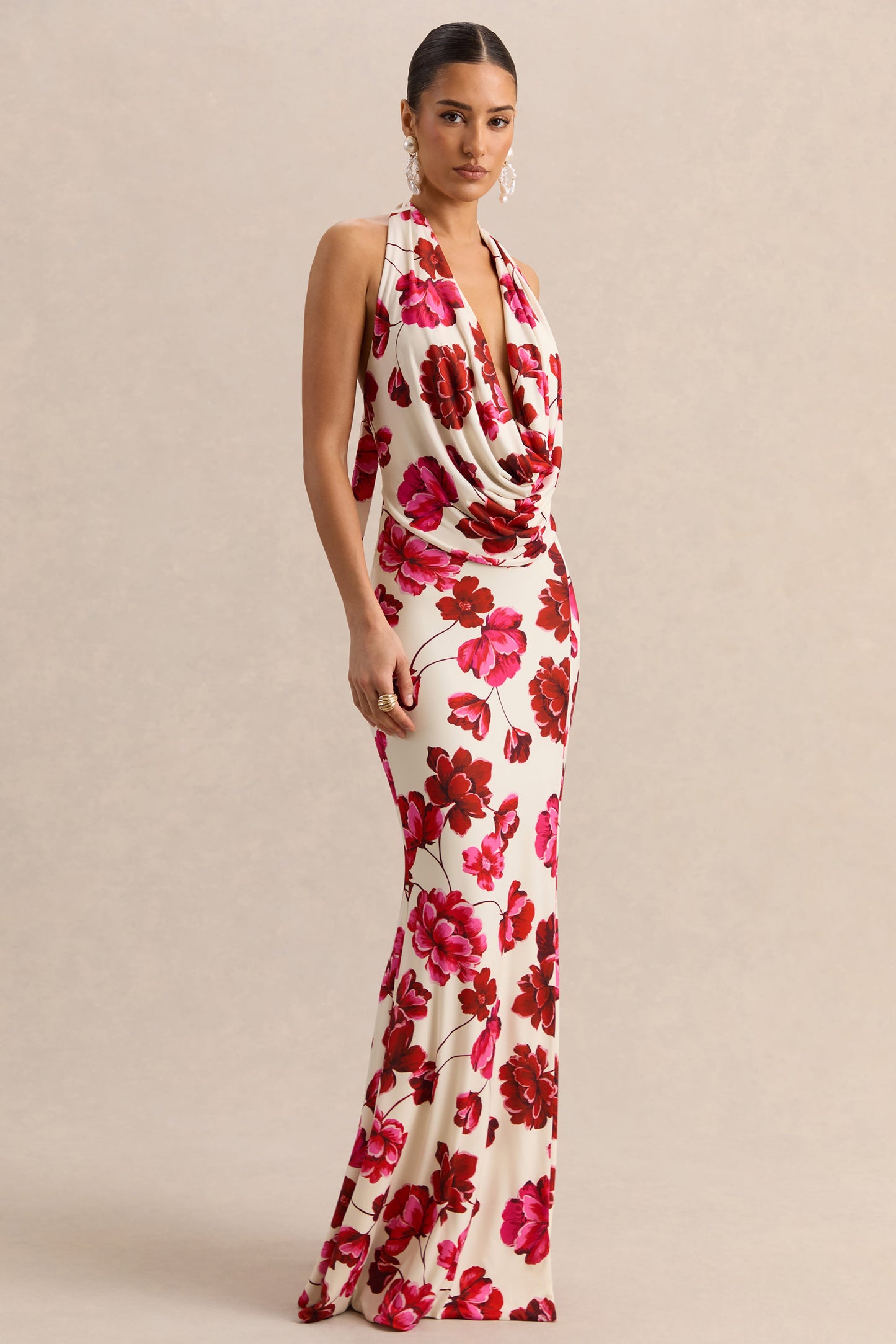 Flossie | Cream And Pink Floral Print Plunge-Neck Maxi Dress