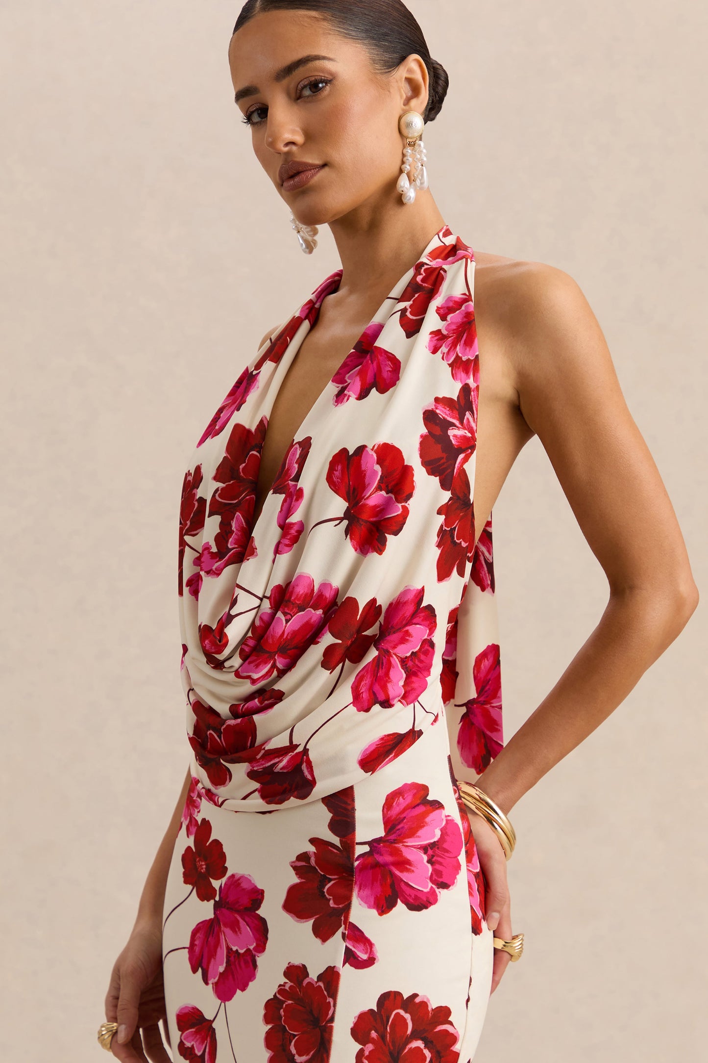 Flossie | Cream And Pink Floral Print Plunge-Neck Maxi Dress