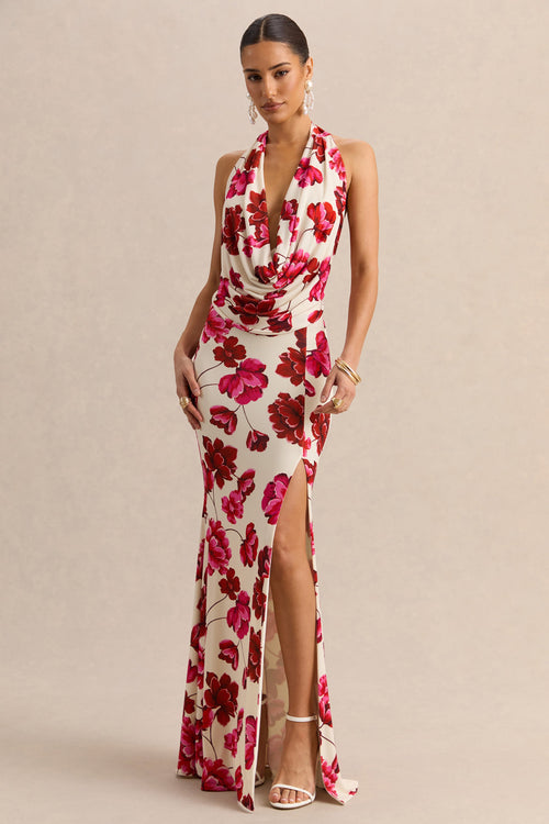 Flossie | Cream And Pink Floral Print Plunge-Neck Maxi Dress