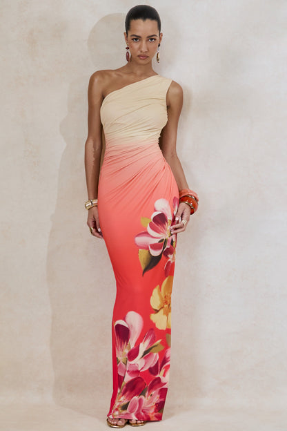 Hazel | Orange And Pink Floral Print Asymmetric-Neck Maxi Dress