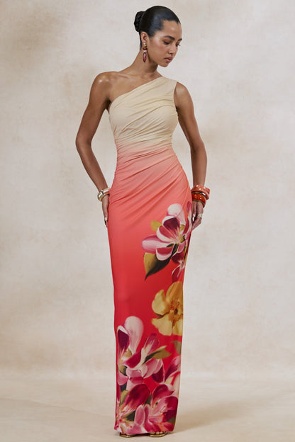 Hazel | Orange And Pink Floral Print Asymmetric-Neck Maxi Dress