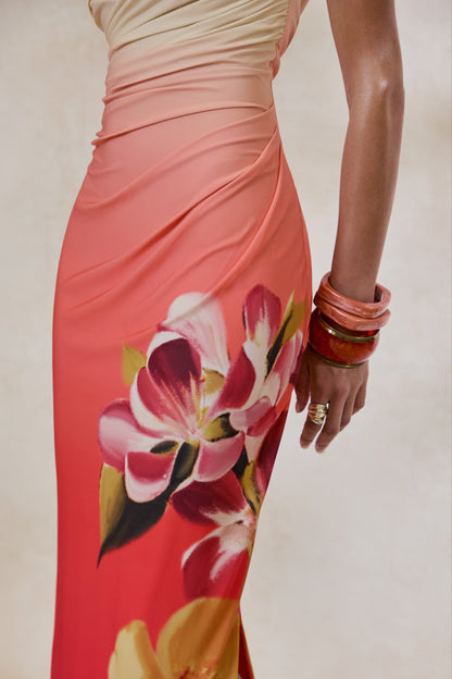 Hazel | Orange And Pink Floral Print Asymmetric-Neck Maxi Dress