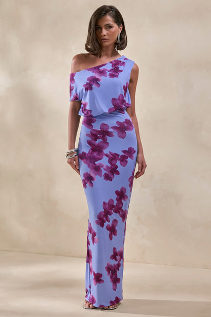 Louisa | Blurred Floral Print Asymmetric-Neck Maxi Dress
