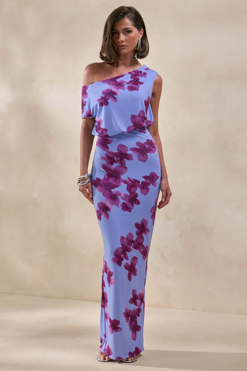 Louisa | Blurred Floral Print Asymmetric-Neck Maxi Dress