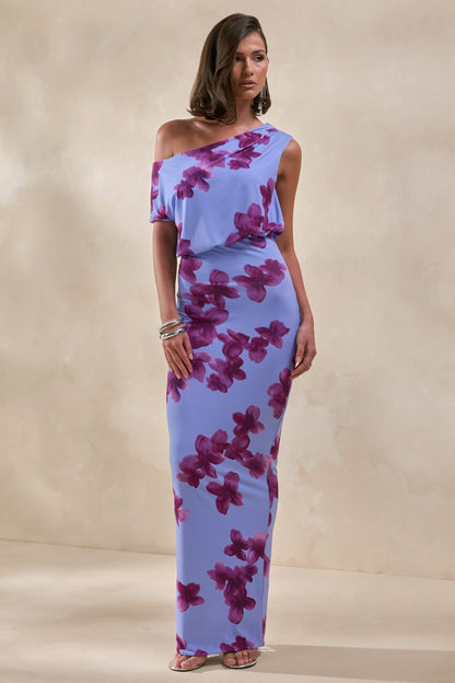 Louisa | Blurred Floral Print Asymmetric-Neck Maxi Dress