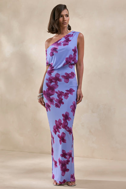 Louisa | Blurred Floral Print Asymmetric-Neck Maxi Dress