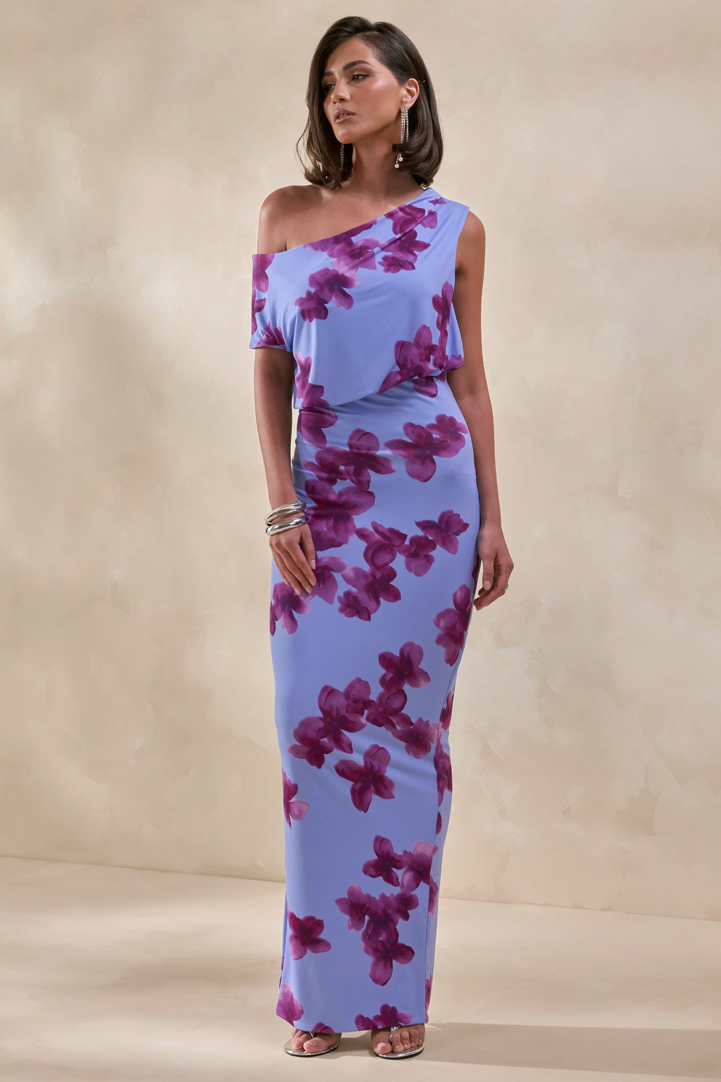 Louisa | Blurred Floral Print Asymmetric-Neck Maxi Dress