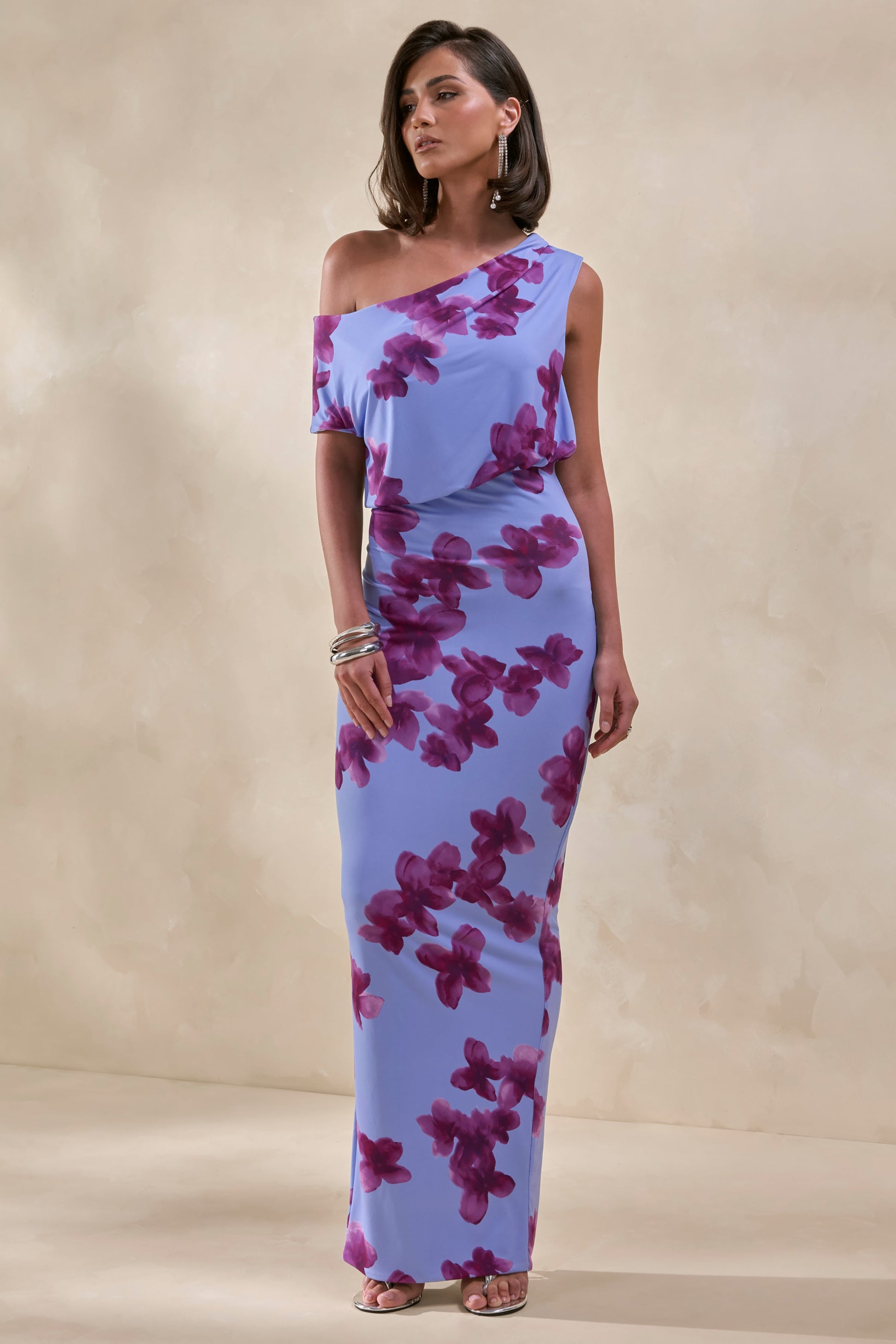 Louisa | Blurred Floral Print Asymmetric-Neck Maxi Dress