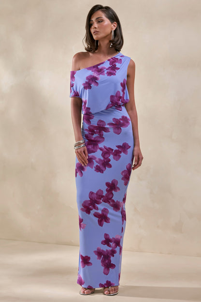Louisa | Blurred Floral Print Asymmetric-Neck Maxi Dress