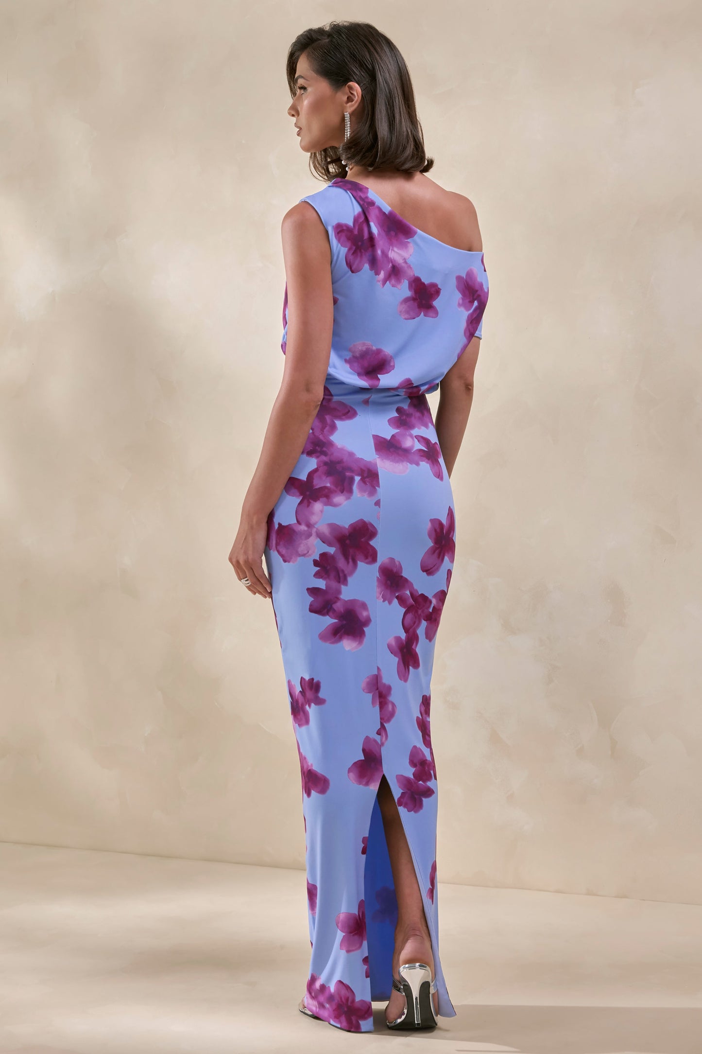 Louisa | Blurred Floral Print Asymmetric-Neck Maxi Dress