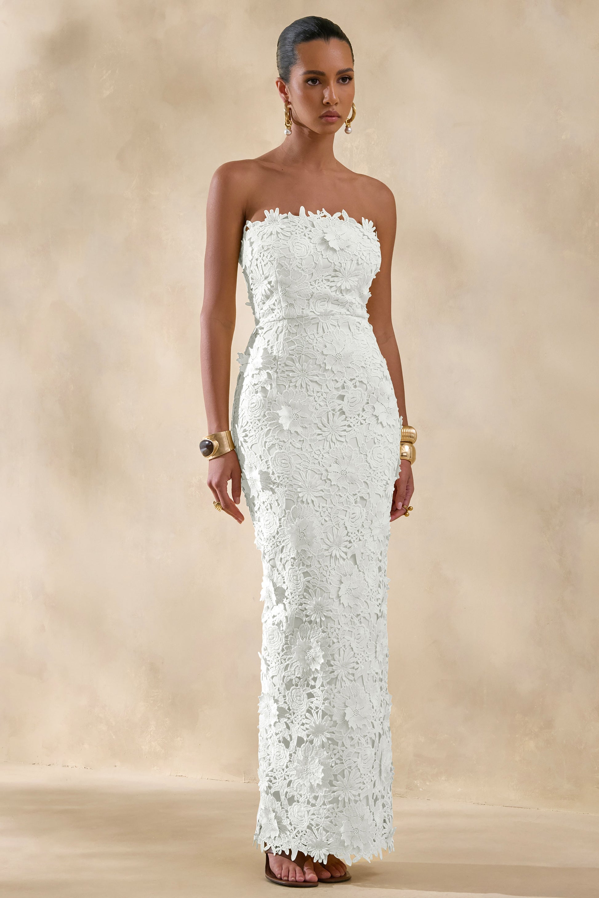 Gracie | White Lace Bandeau Maxi Dress