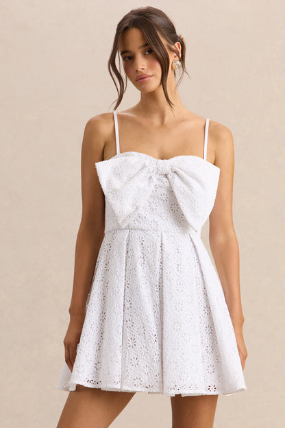 Elina | White Square-Neck Mini Dress With Bow Detail