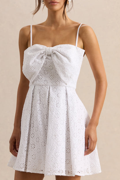 Elina | White Square-Neck Mini Dress With Bow Detail