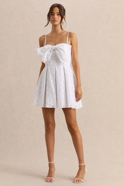Elina | White Square-Neck Mini Dress With Bow Detail