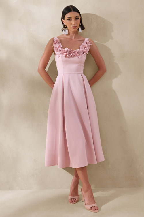 Maelle | Pink Scoop-Neck Midi Dress With Corsage Detailing