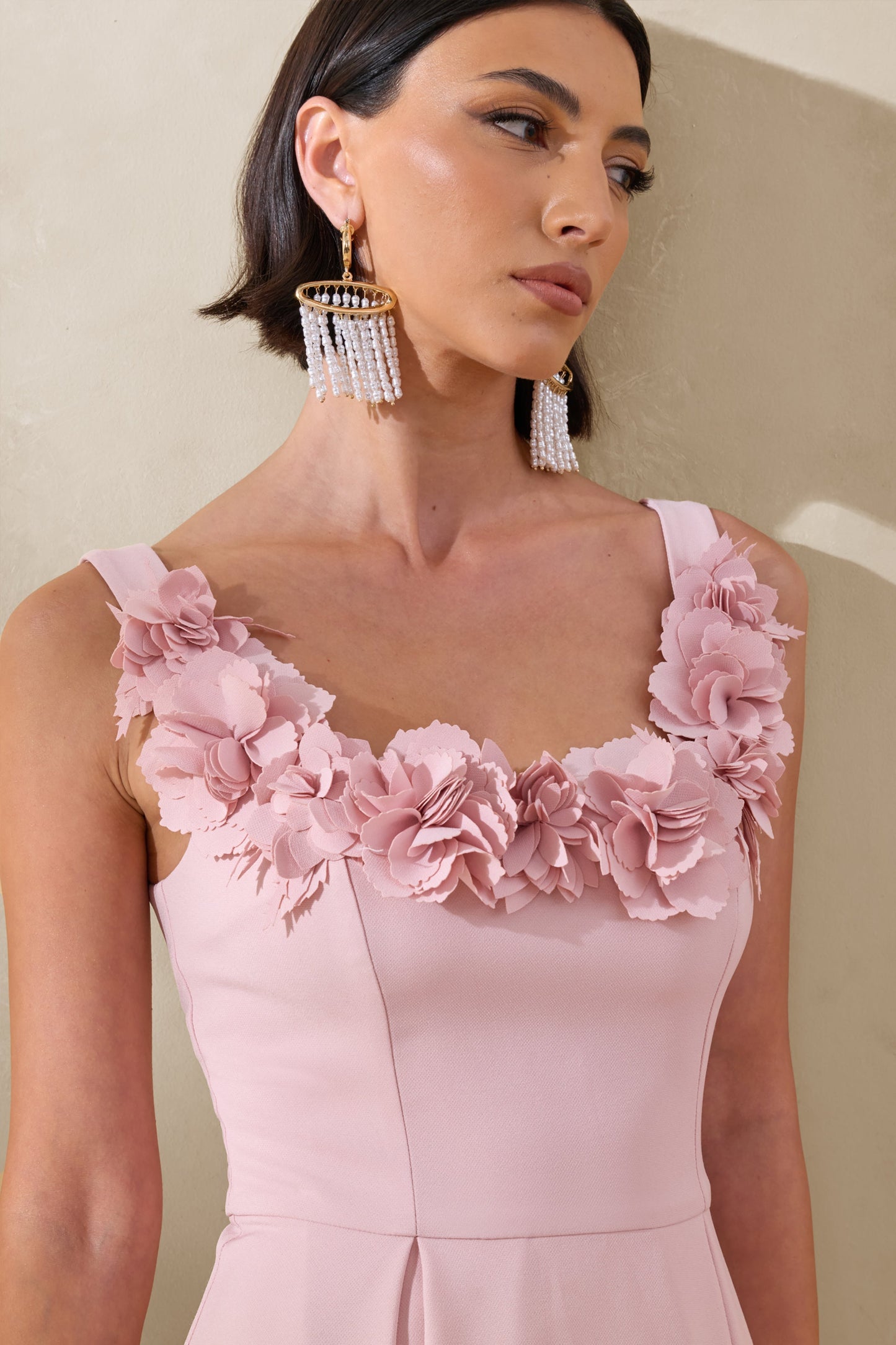 Maelle | Pink Scoop-Neck Midi Dress With Corsage Detailing