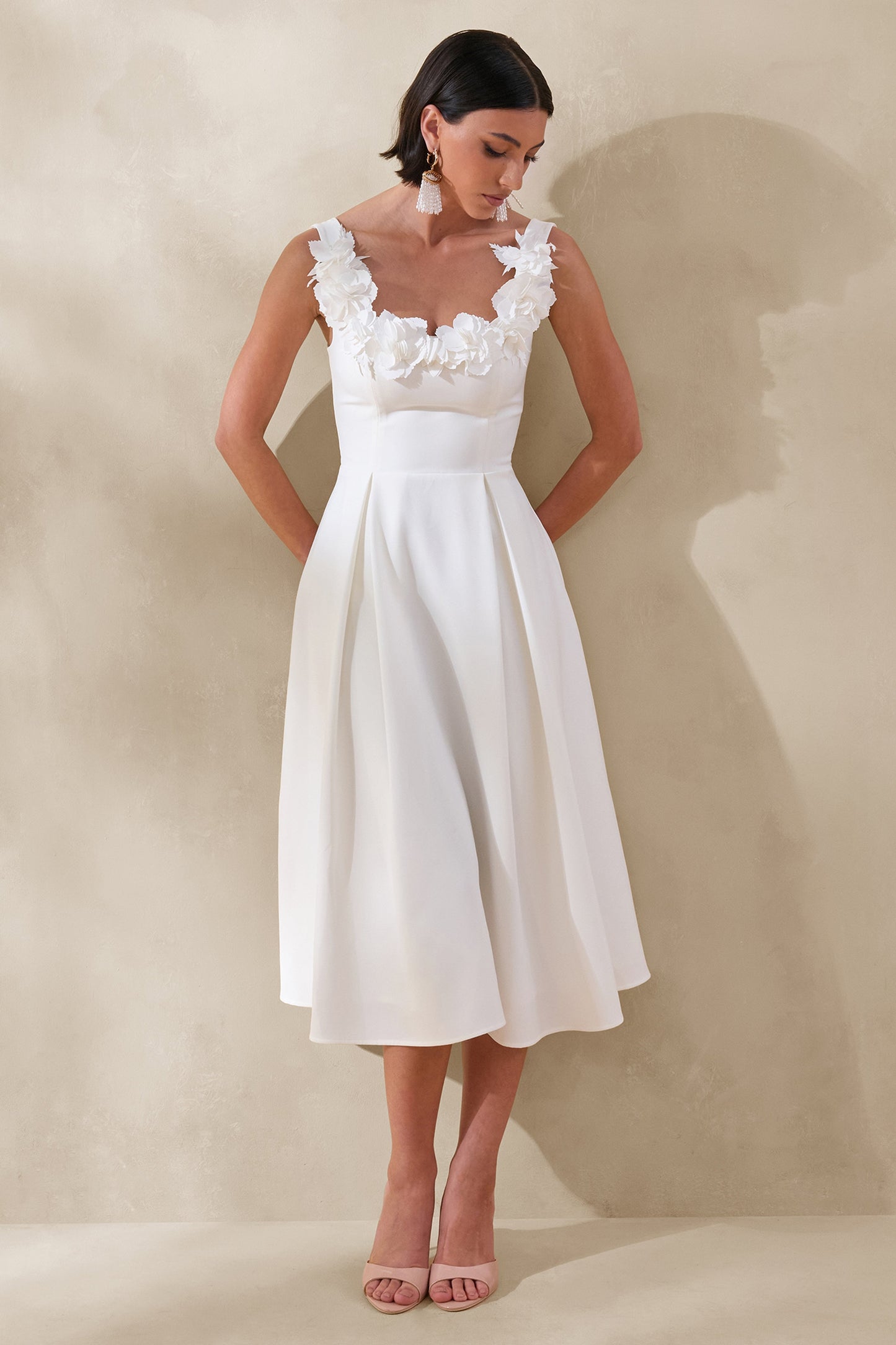 Maelle | White Scoop-Neck Midi Dress With Corsage Detailing