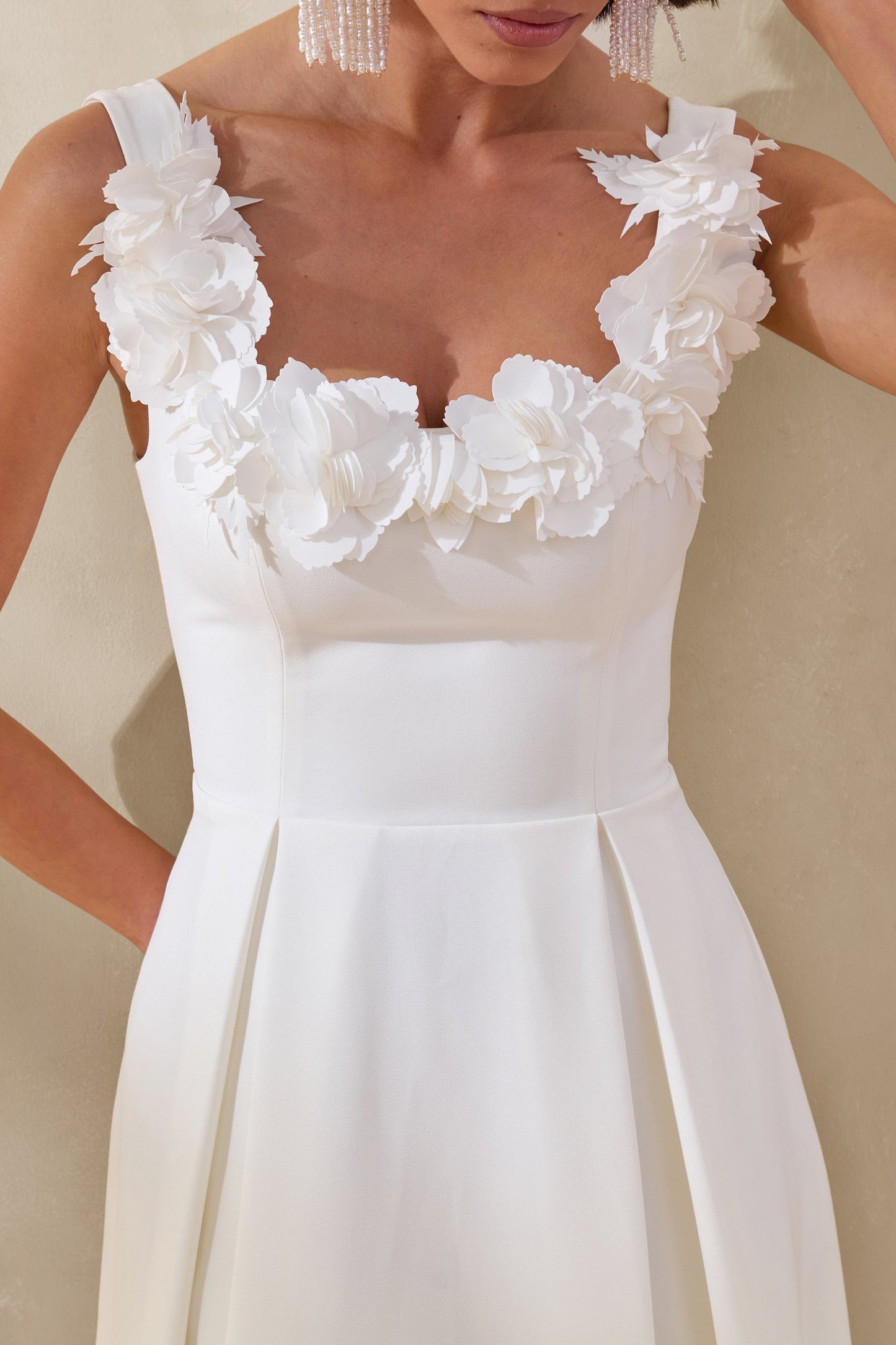 Maelle | White Scoop-Neck Midi Dress With Corsage Detailing