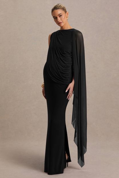 Cristina | Black High-Neck Maternity Maxi Dress With Cape-Sleeve