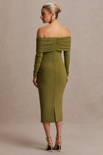 Elspeth | Olive Bardot-Neck Maternity Midi Dress