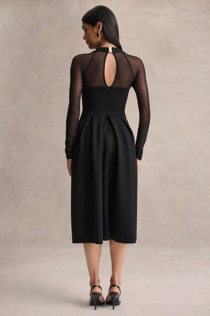 Melinda | Black Square-Neck Midi Dress With Mesh Detailing